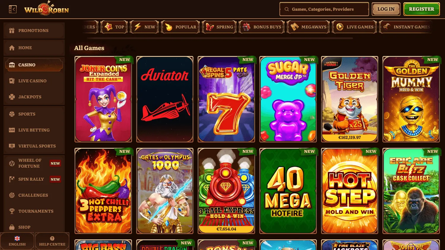 Wild Robin Casino desktop games page