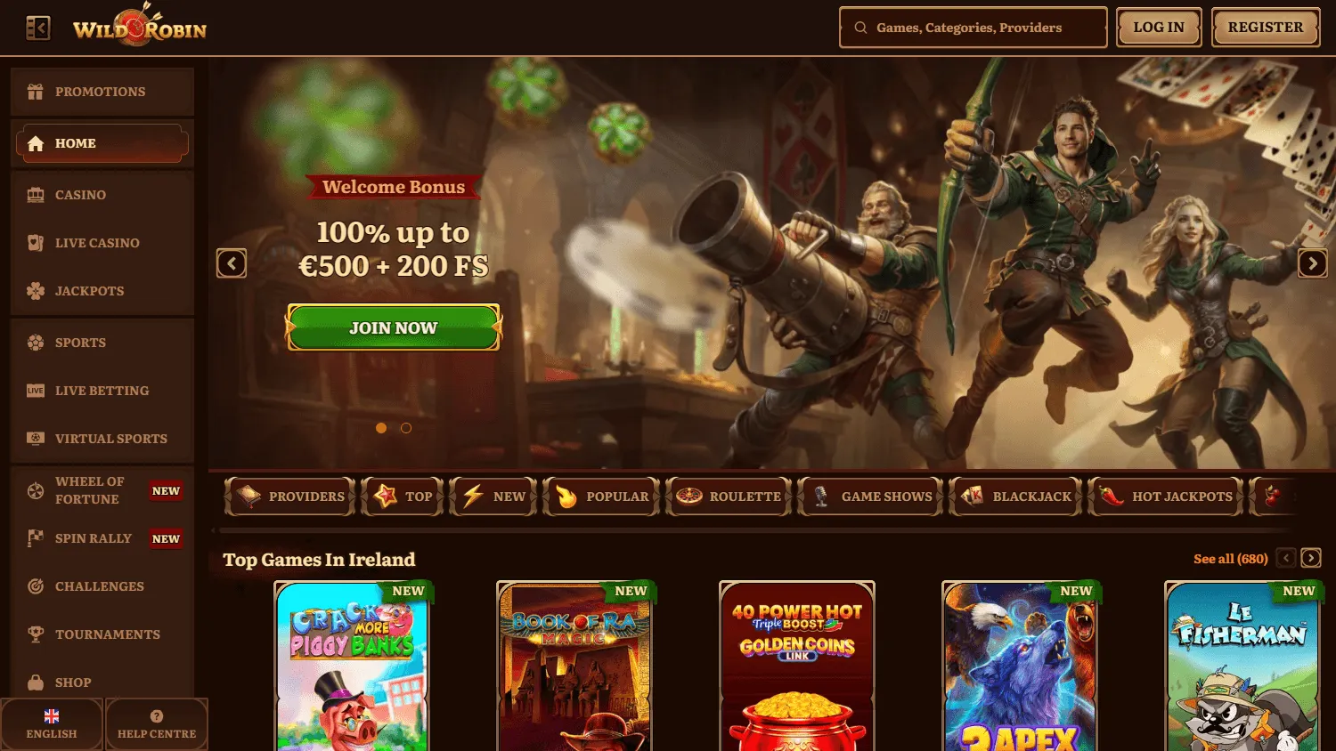 Wild Robin Casino desktop home page