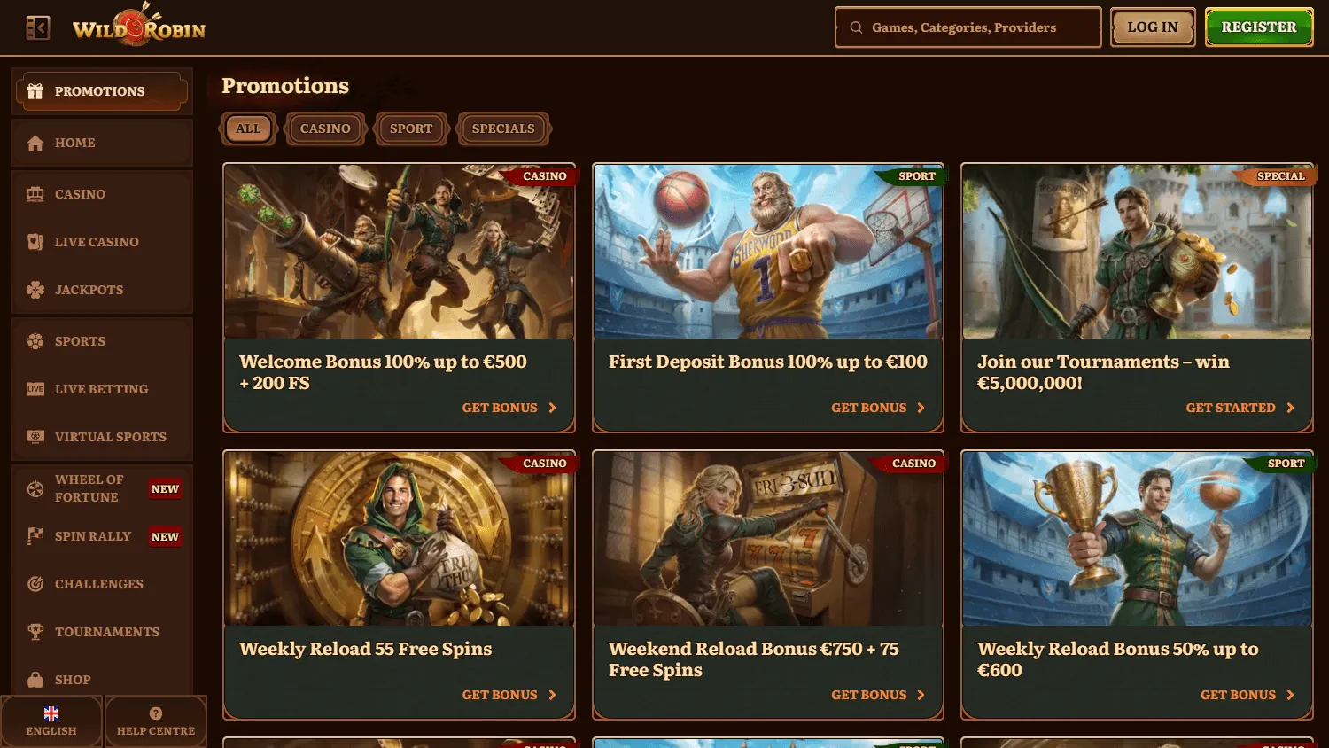 Wild Robin Casino desktop promotions page