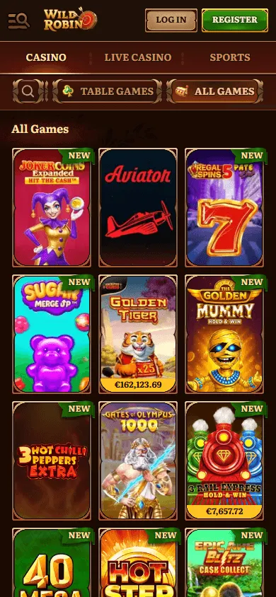 Wild Robin Casino mobile games page
