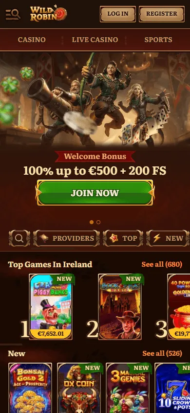 Wild Robin Casino mobile home page